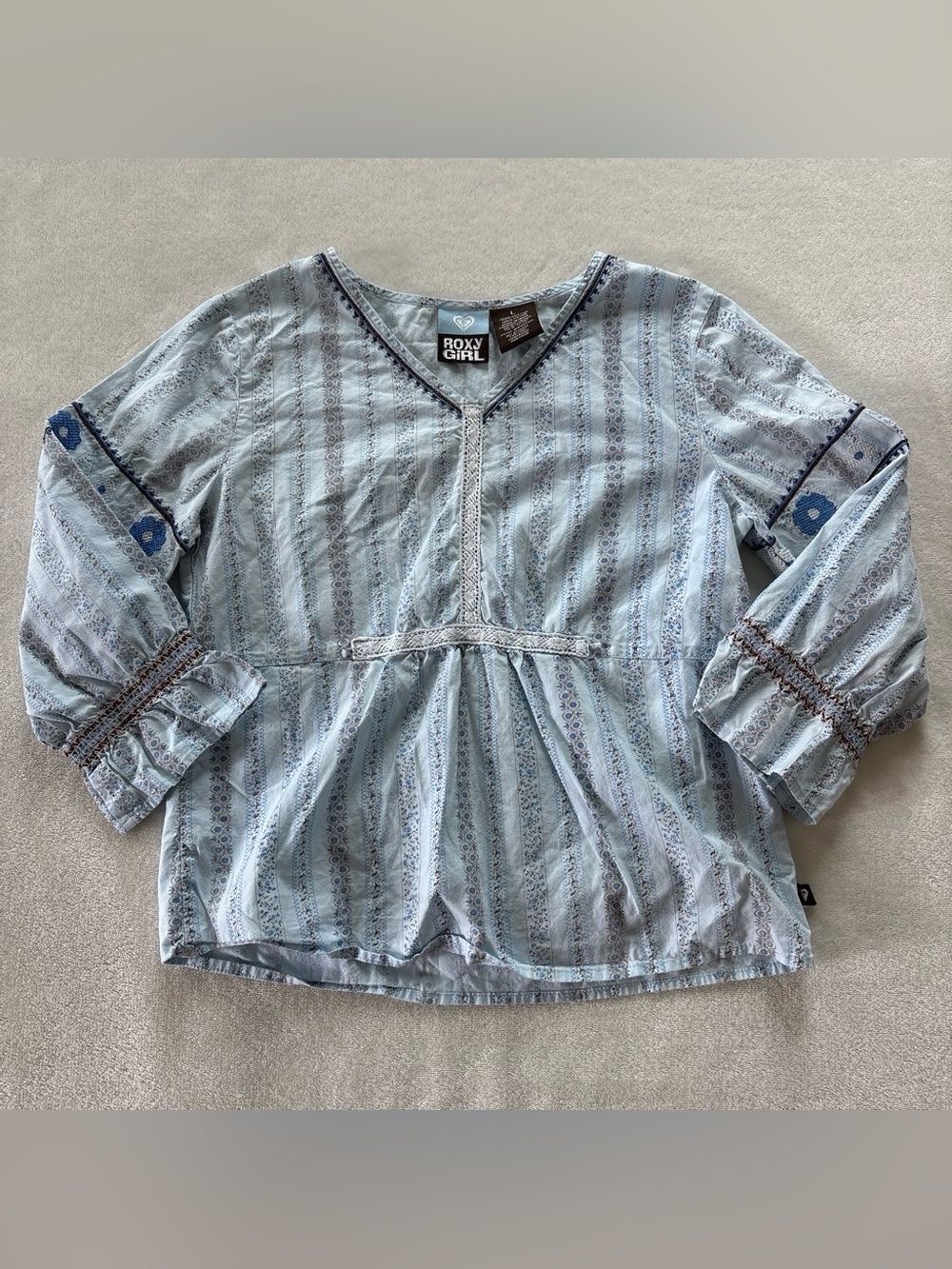 Y2K Roxy Girls Boho Blue Cream striped Floral Mid/Long Sleeve Large - READ